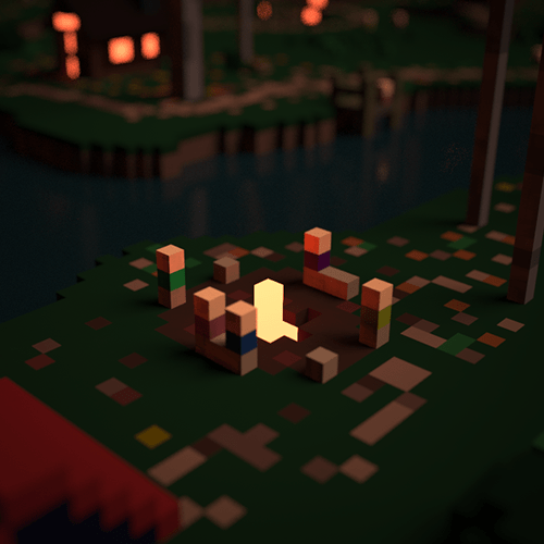 Rendered images of a voxel model showing campers sitting by a fire.