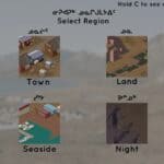 Inuit Uppirijatuqangit game. Displays 4 squares; town, land, seaside, night.