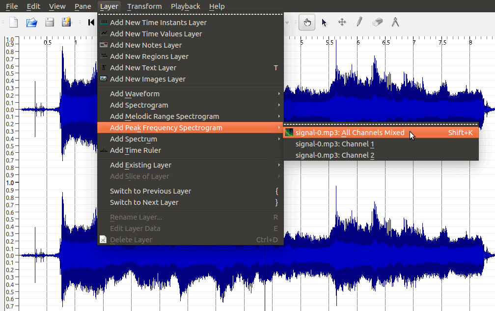 A screenshot displaying the Add Peak Frequency Spectrogram Layer action in sonic visualizer.