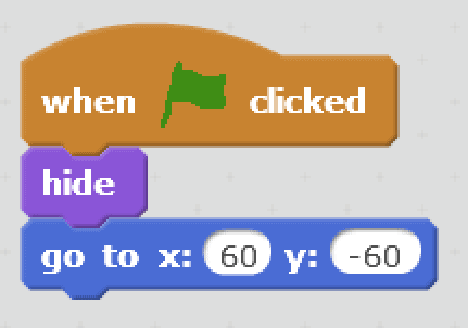 Block of code that is loaded when message1is received that hides the fish sprite and moves it to -90,30.