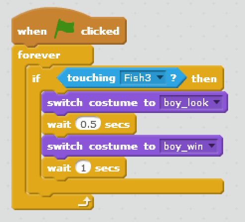 Excerpt from a block of code that switches fish to fish_1 costume and then glides to -150,130 which is just under scoreboard.