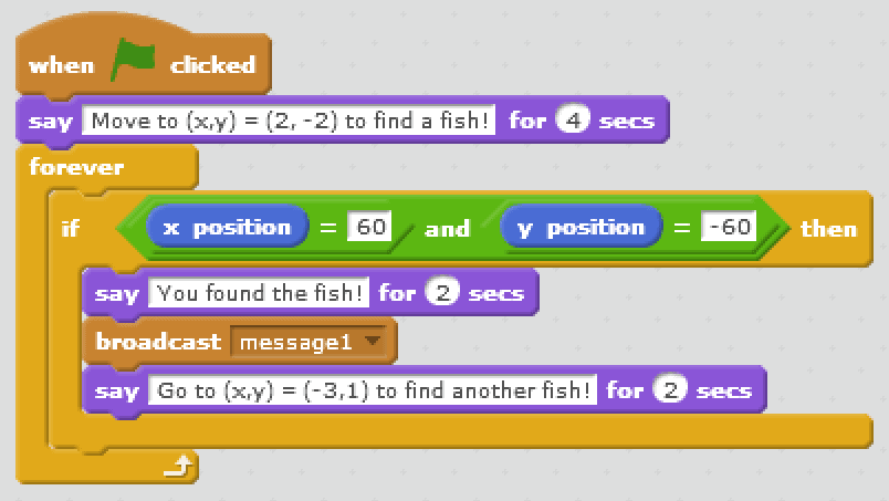 Command blocks that will hide sprite and go to x:60 and y:-60 when green flag is clicked.