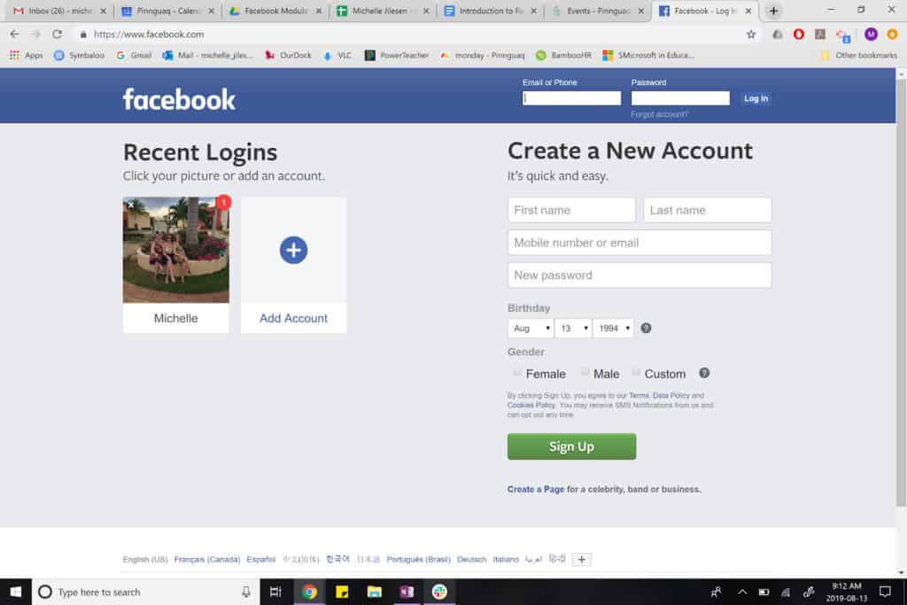 The Facebook opening page.