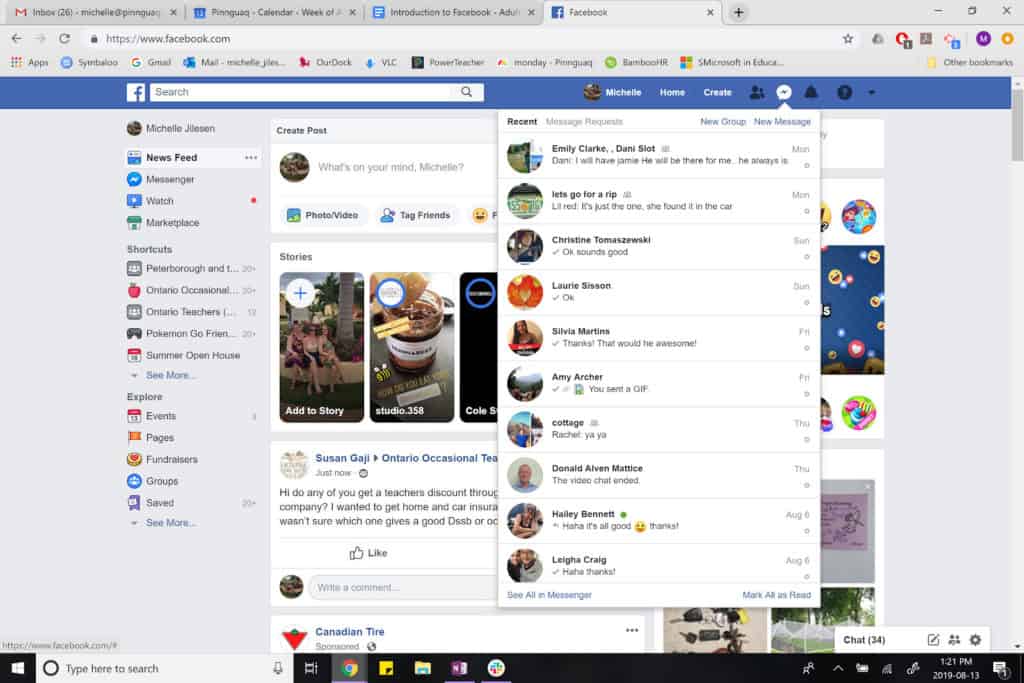 A Facebook page open with Messenger open.