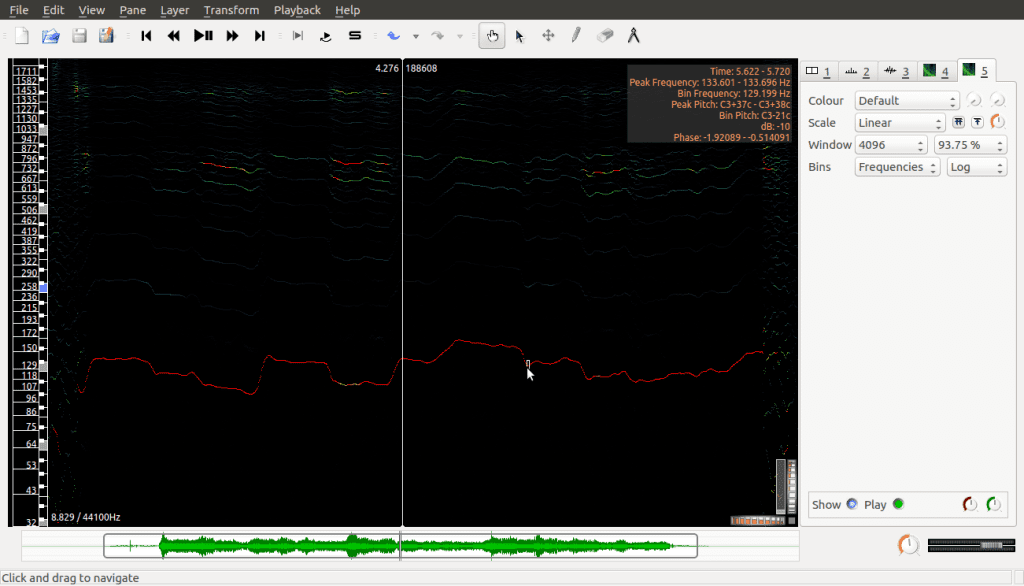 A screenshot displaying the peak frequency spectrogram of an audio recording in sonic visualizer.