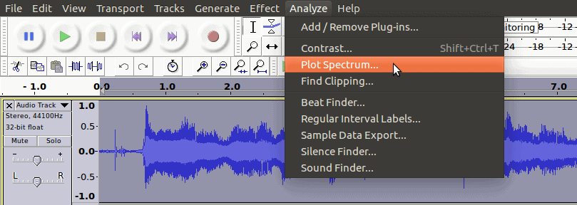 A screenshot displaying the plot spectrum action in audacity.