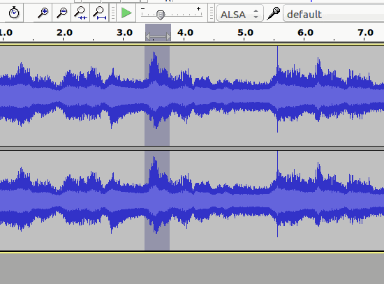 A screenshot displaying a highlighted section of a recording in audacity.