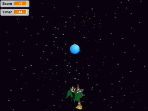 a witch flying to the moon, a game built in scratch
