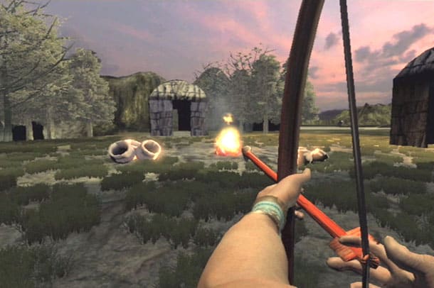 image of a man shooting a bow with a fire pit and stone buildings