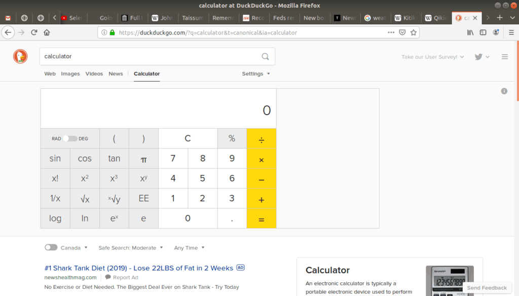 A calculator open on duckduckgo.