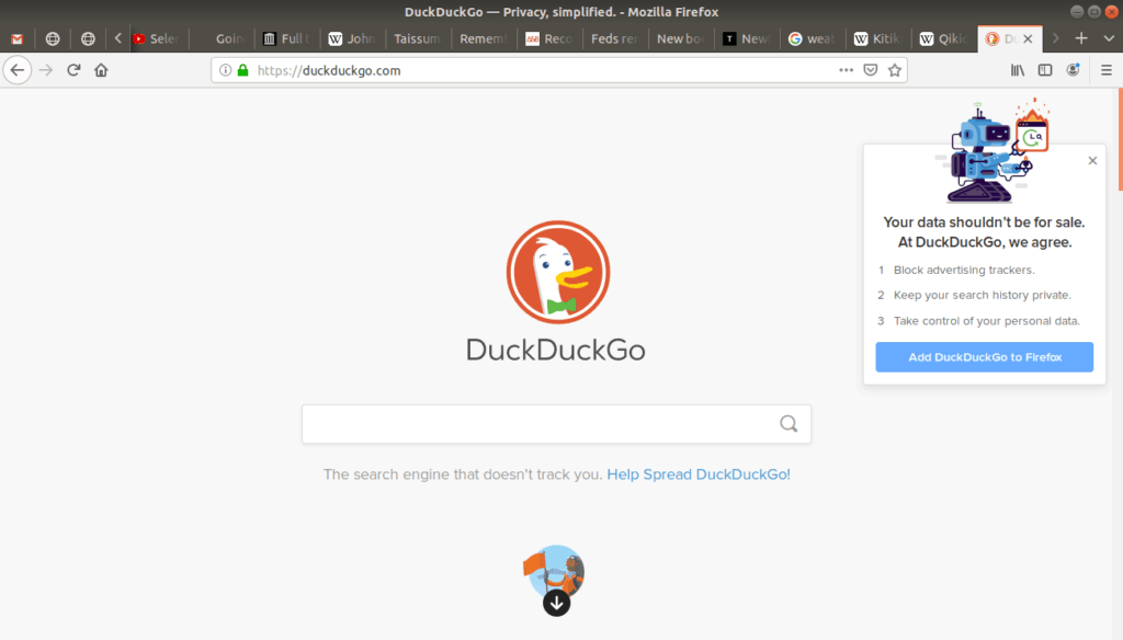 Duckduckgo's main page open on browser.