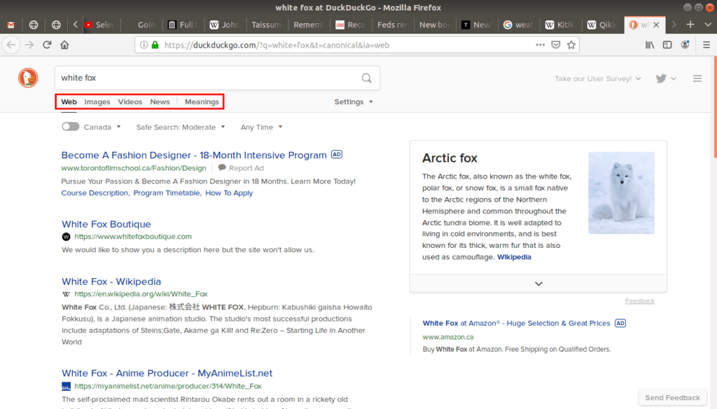 Tab options located on duckduckgo's search engine.