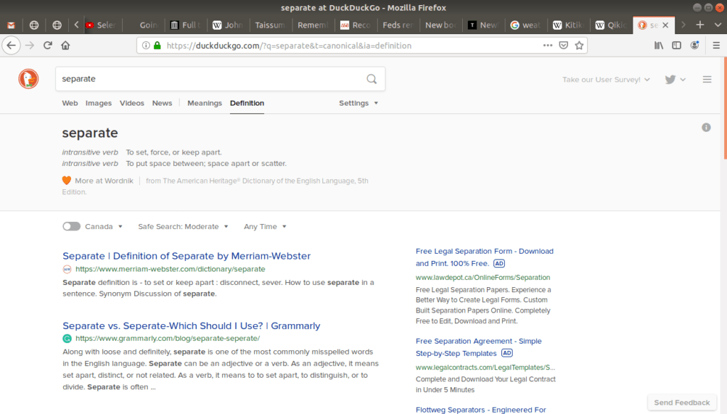 Definition tab open on duckduckgo for the word "separate".
