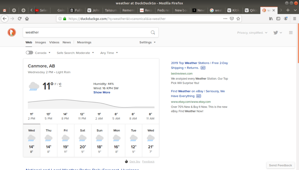 Weather opened for Canmore, Alberta in duckduckgo.