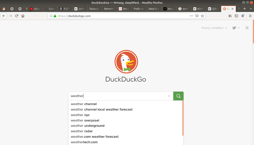 "weather" typed into duckduckgo's search bar.