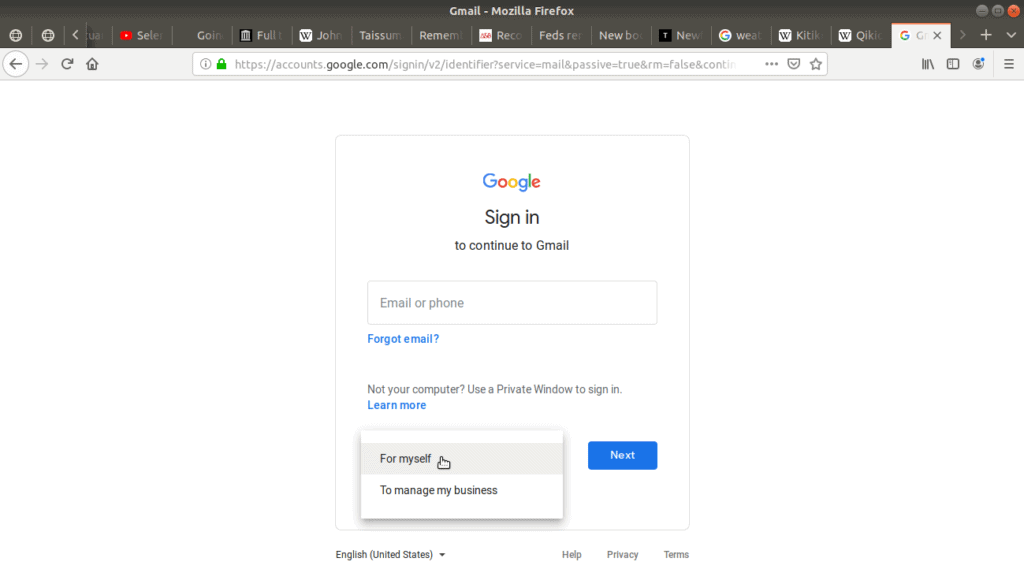Selection highlighted "For myself" when signing up for Gmail.