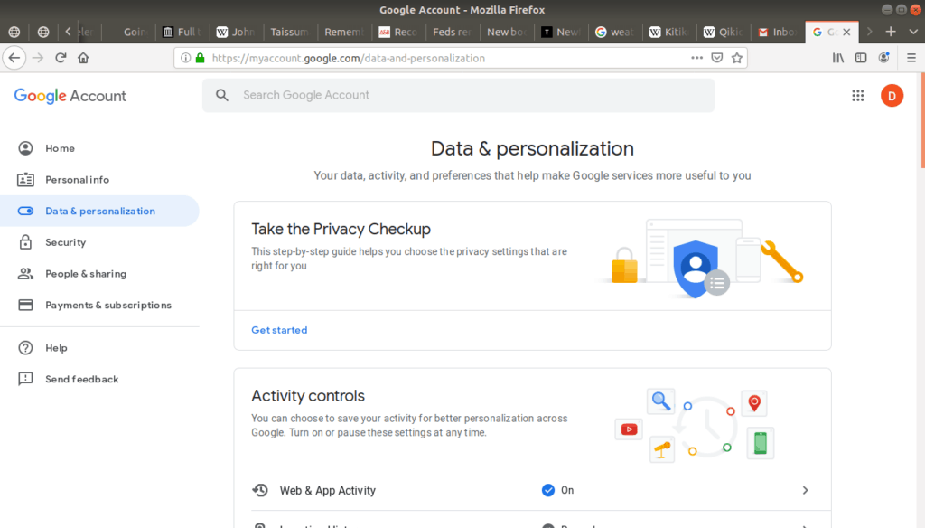 Data & personalization menu open on Gmail.