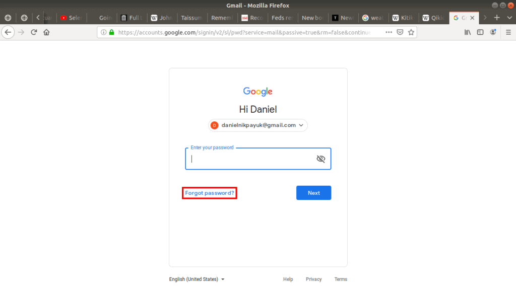 Forgot your password highlighted on Gmail's login page.