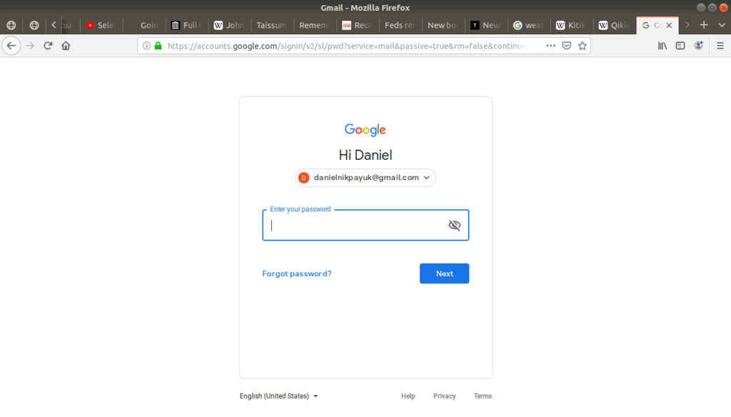 Gmail's login page open requiring password login.