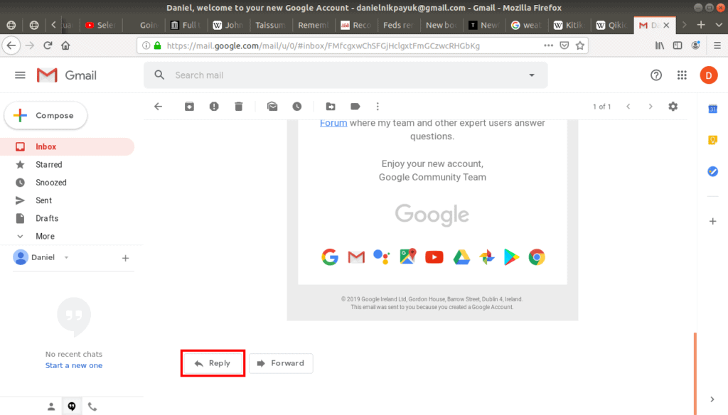 Reply button highlighted in Gmail.