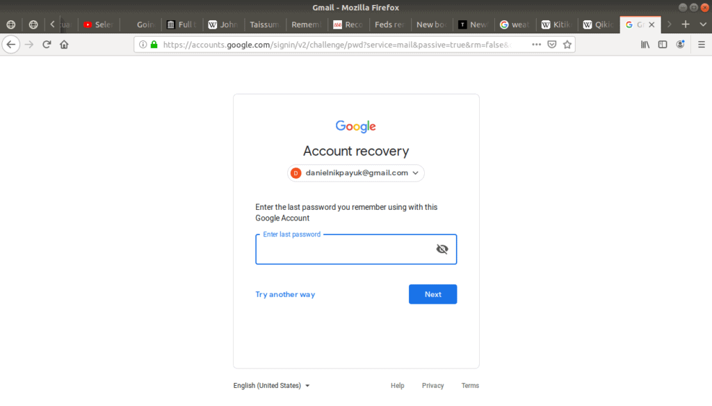 Account recovery open on Gmail's login page.