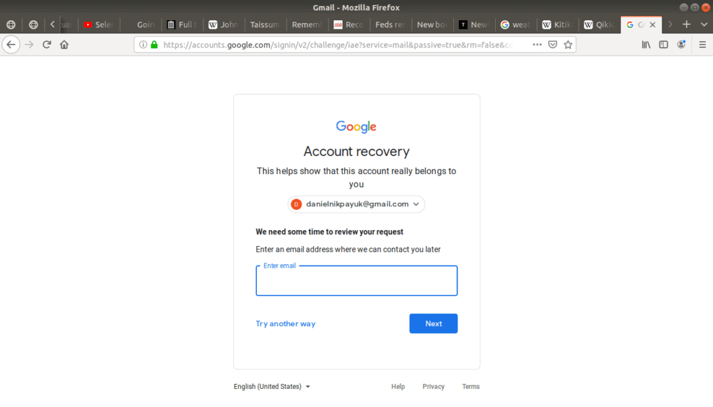Gmail requesting another email for account recovery so they can contact you.