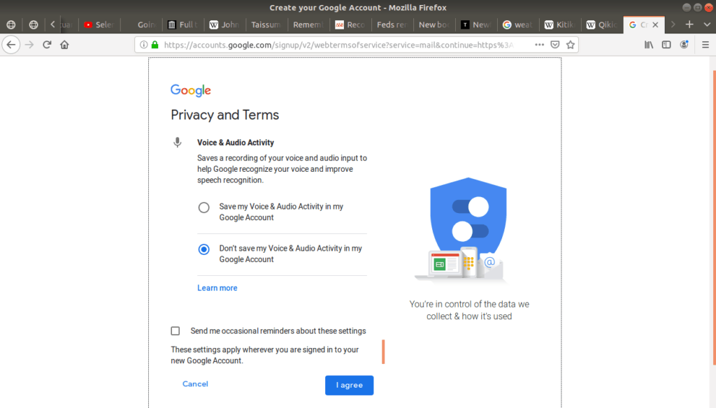 Privacy and terms page for Gmail.