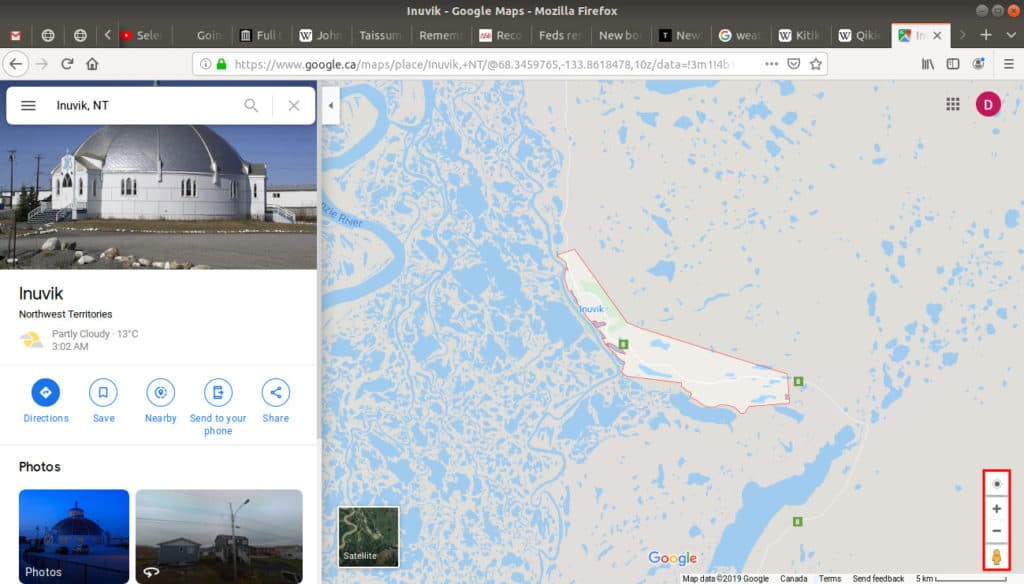 Inuvik, NT open on google maps with the zoom option highlighted.