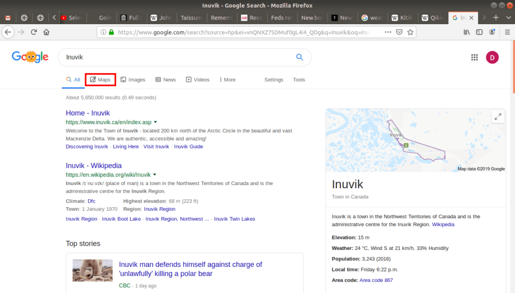 Google maps open to Inuvik.
