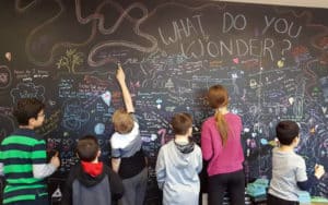 Students drawing on a chalkboard.