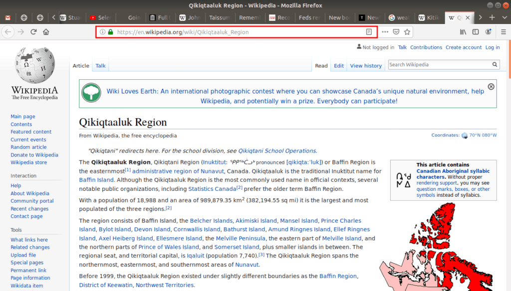 Wikipedia page open to the qikiqtaaluk region.