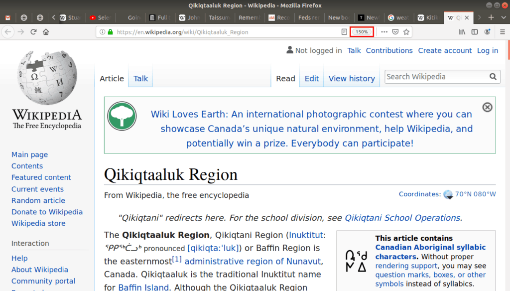 150% zoom in on Qikiqtaaluk Region Wikipedia page.