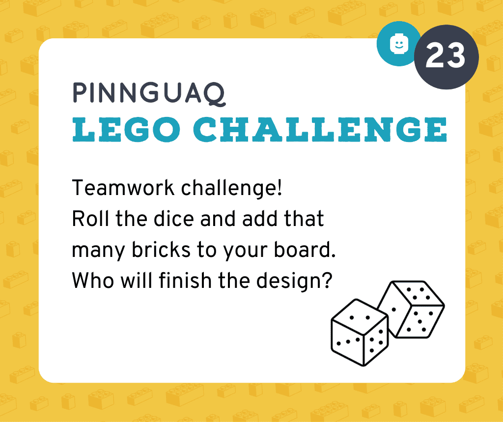 A lego challenge card with dice in the bottom left hand corner.