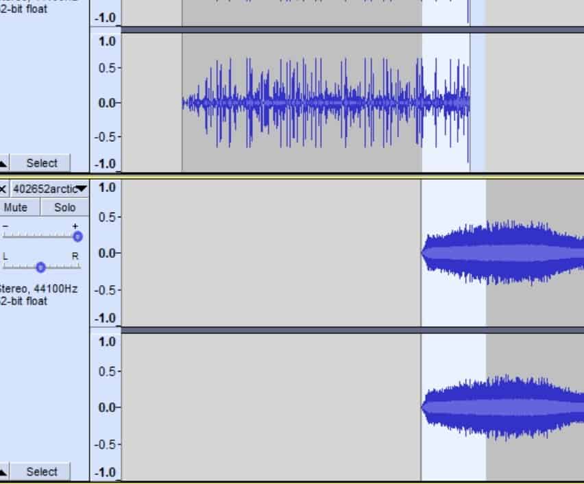 Crossfade in Audacity with two clips of audio.