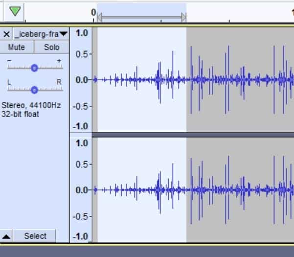 Audio track selected in Audacity to create a fade in effect.