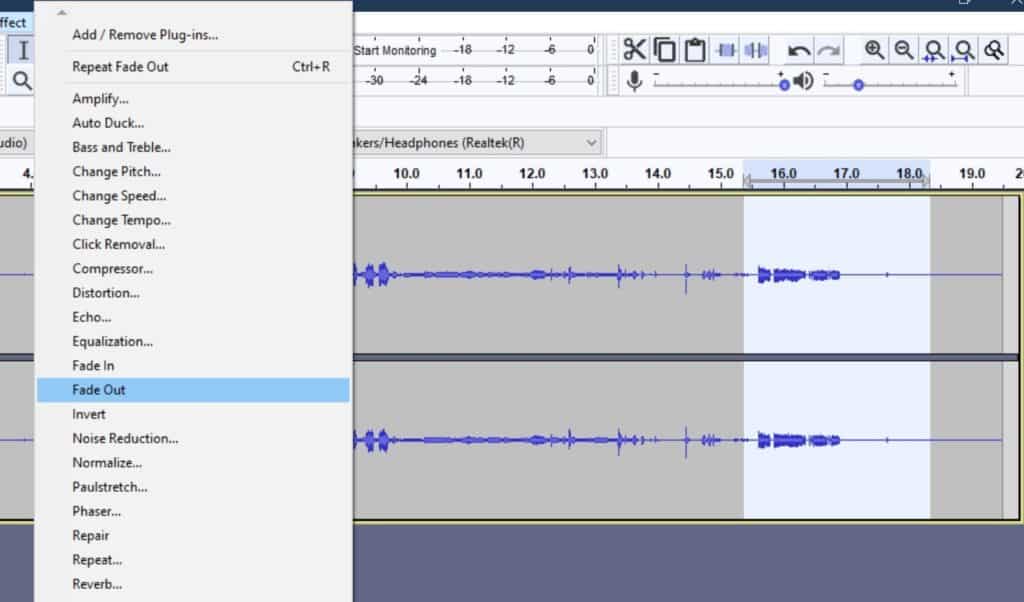 Dropdown menu in Audacity, with "Fade out" being highlighted in blue.