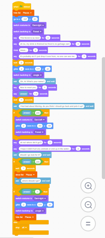The full code block for the story created in Twine and moved to Scratch.