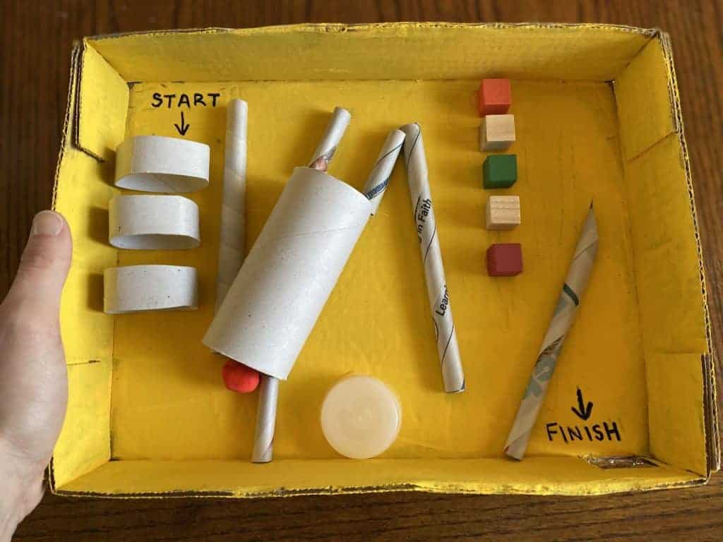 Various materials laid out in a yellow box.