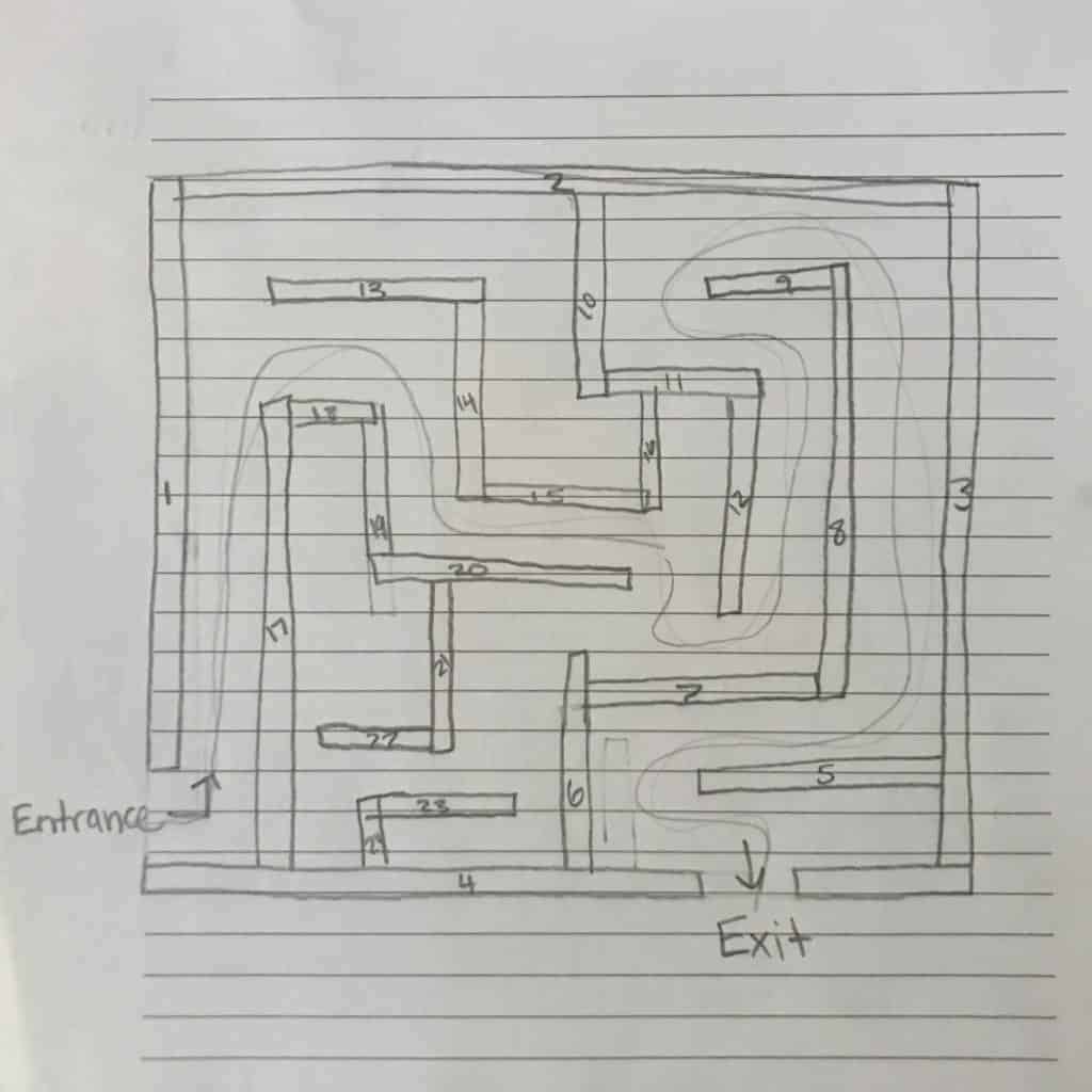 A map sketched out on lined paper.