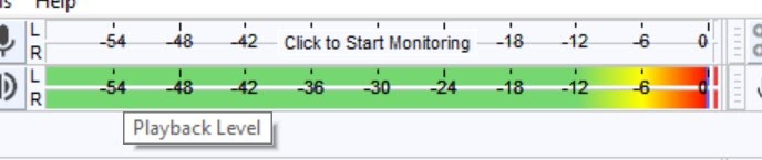 A playback monitor with a scale of green, yellow, and red. 