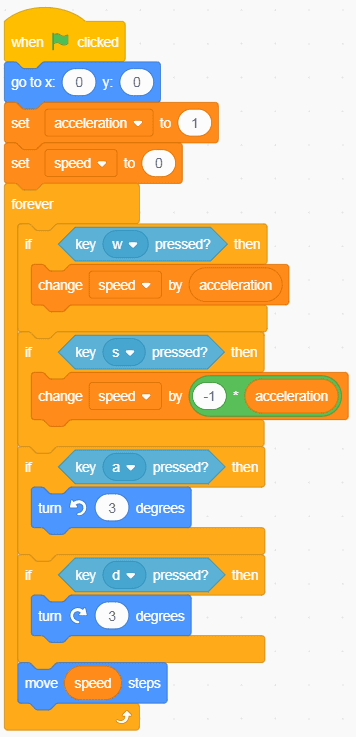 Scratch code blocks with a "change acceleration" block added.
