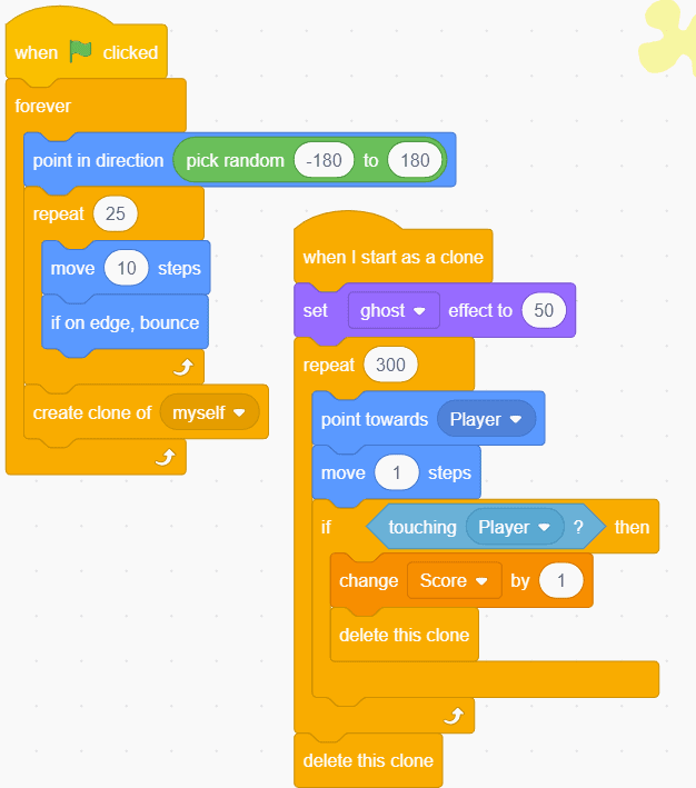 Two sections of block code in Scratch.