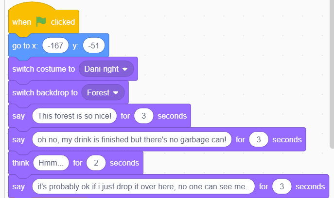 Block of code in Scratch. Code is for the character Dani's movements, etc.