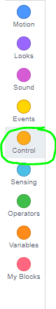 Categories of Scratch blocks. "Controls" circled in green.