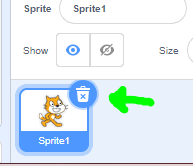 Scratch sprites window open, a green arrow points towards the trash icon in the corner of "Sprite1".