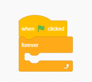 "When green flag clicked", and a forever loop combined in Scratch.