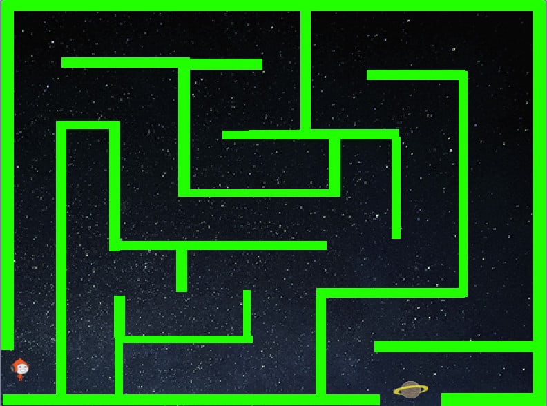 maze in green, with a space background displayed in scratch.