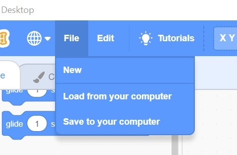 File dropdown menu in Scratch. "Load from your computer" and "Save to your computer" options are displayed.