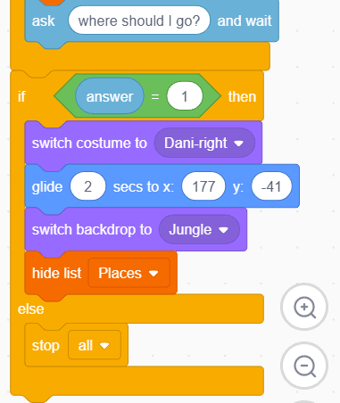 Movement blocks in Scratch for character Dani.