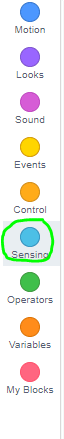 Sensing blocks category circled in green.